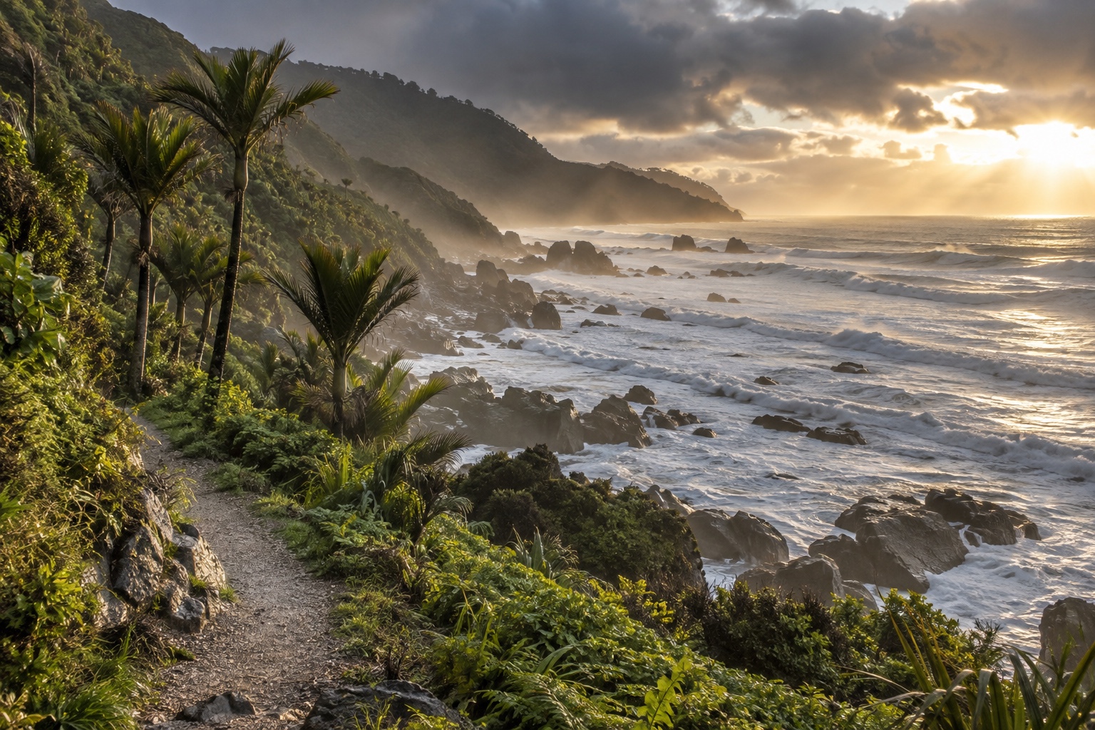 Nikau palms along the coastal section of the Heaphy Track