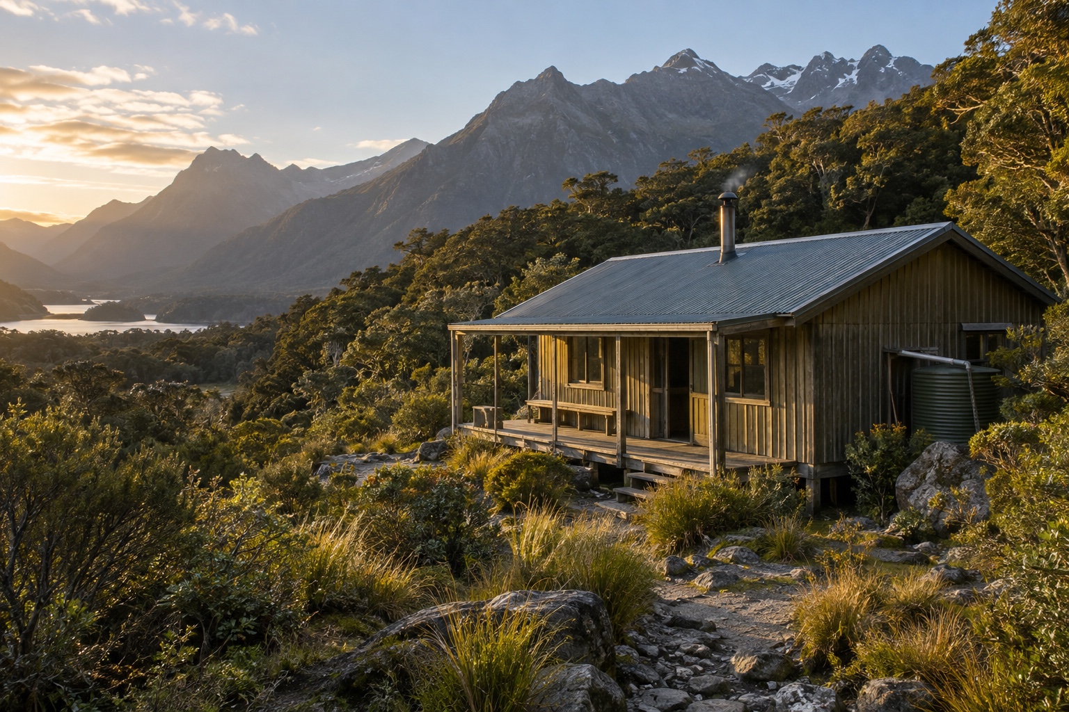 A Great Walks hut exterior in the New Zealand backcountry with mountains behind