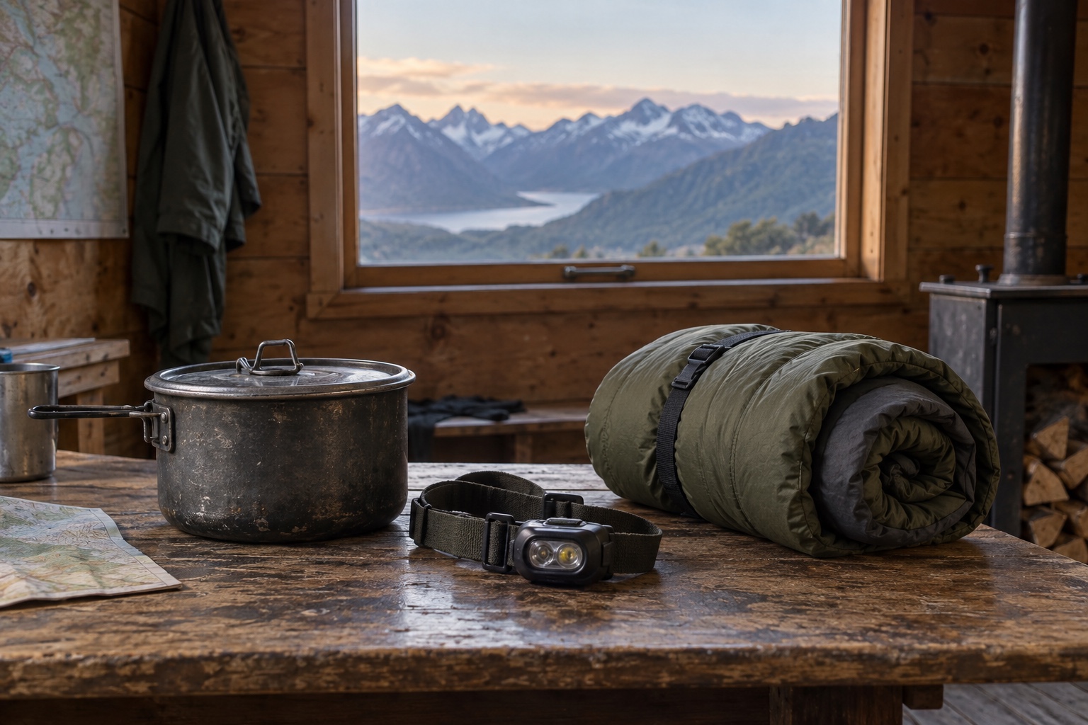 Tramping gear including a cook pot, headlamp and sleeping bag laid out inside a DOC hut