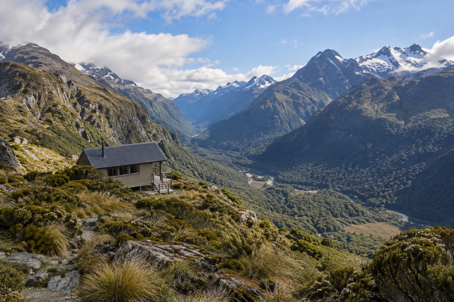Routeburn Falls Hut perched above the Routeburn Valley, Fiordland