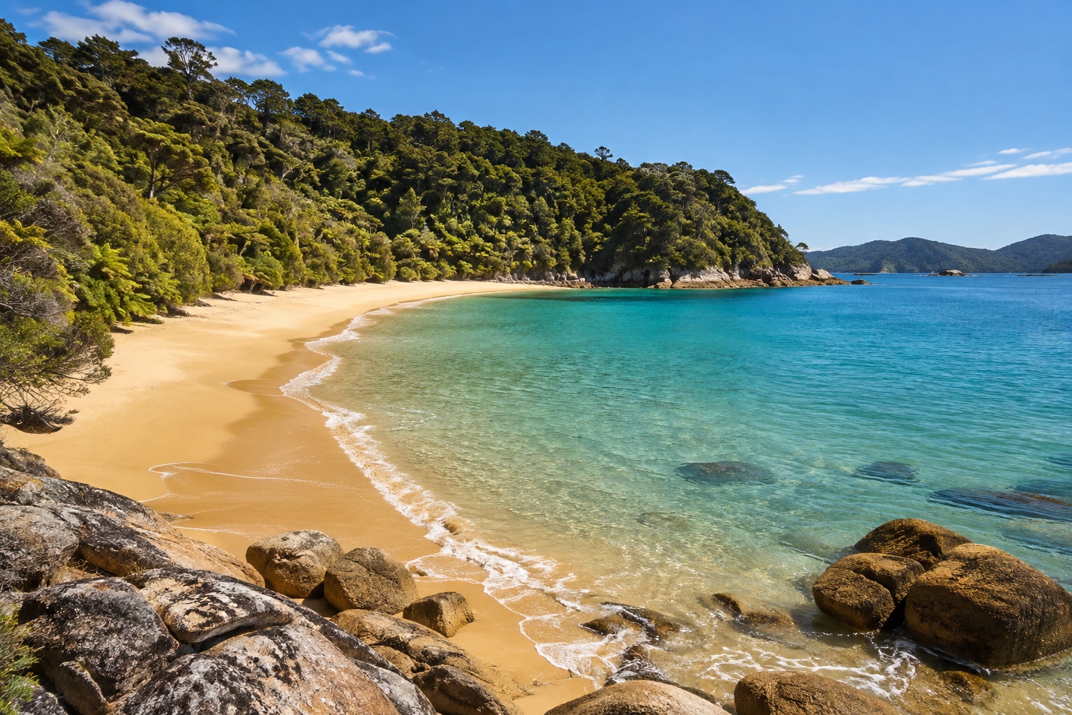 Golden sand beach and turquoise water on the Abel Tasman Coast Track